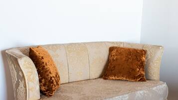 A vintage-style sofa with two cushions against a plain wall and wooden flooring.