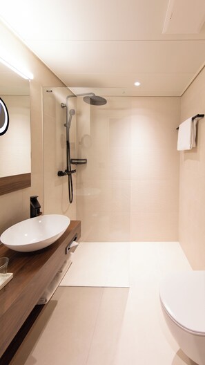 Shower, rainfall showerhead, eco-friendly toiletries, hair dryer
