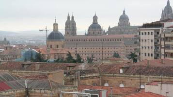 Un paisaje urbano con edificios históricos y una catedral destacada con múltiples cúpulas.