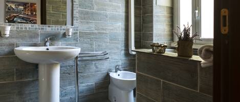 A modern bathroom with a large sink, bidet, and a mirror.