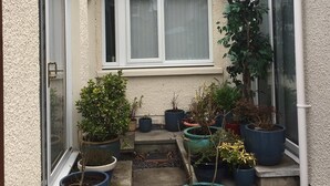 A small, enclosed courtyard with a window, potted plants, and a white exterior wall. - Silverstrands Guest House (Inverness)