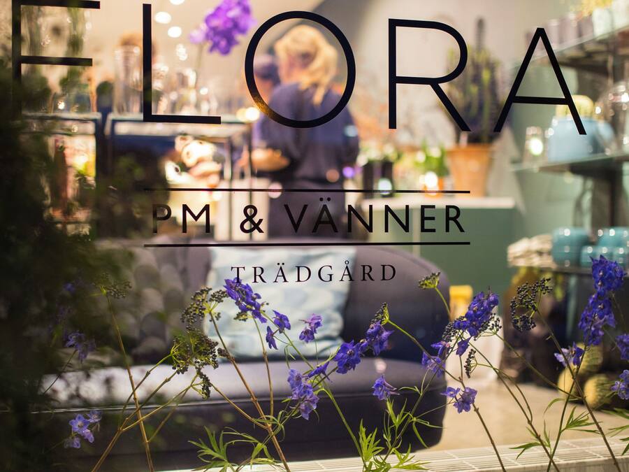 A view of a restaurant with a window display featuring purple flowers and glasses of water.