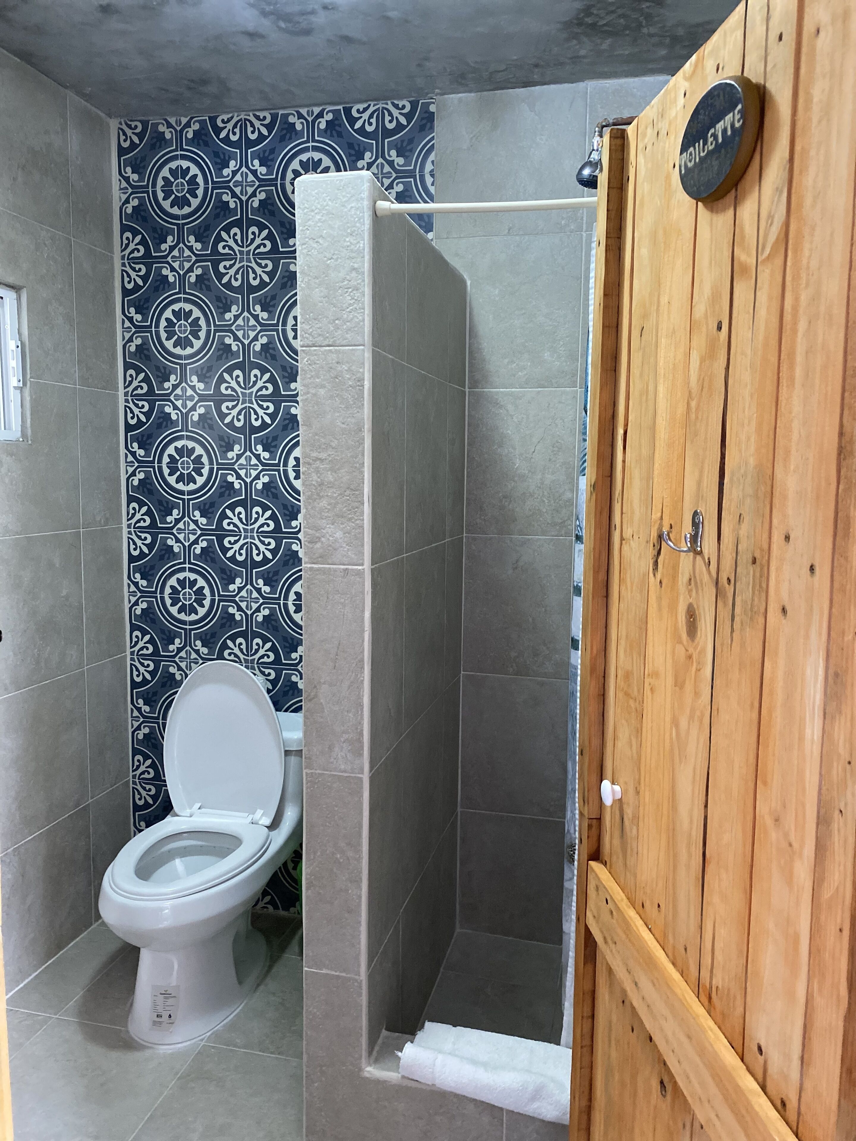 Un baño con inodoro, ducha y una puerta de madera con la leyenda 'TOILETTE'.