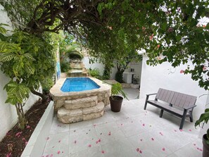 A garden with a stone pool, a bench, and potted plants. - Caribo Cozumel (Cozumel)