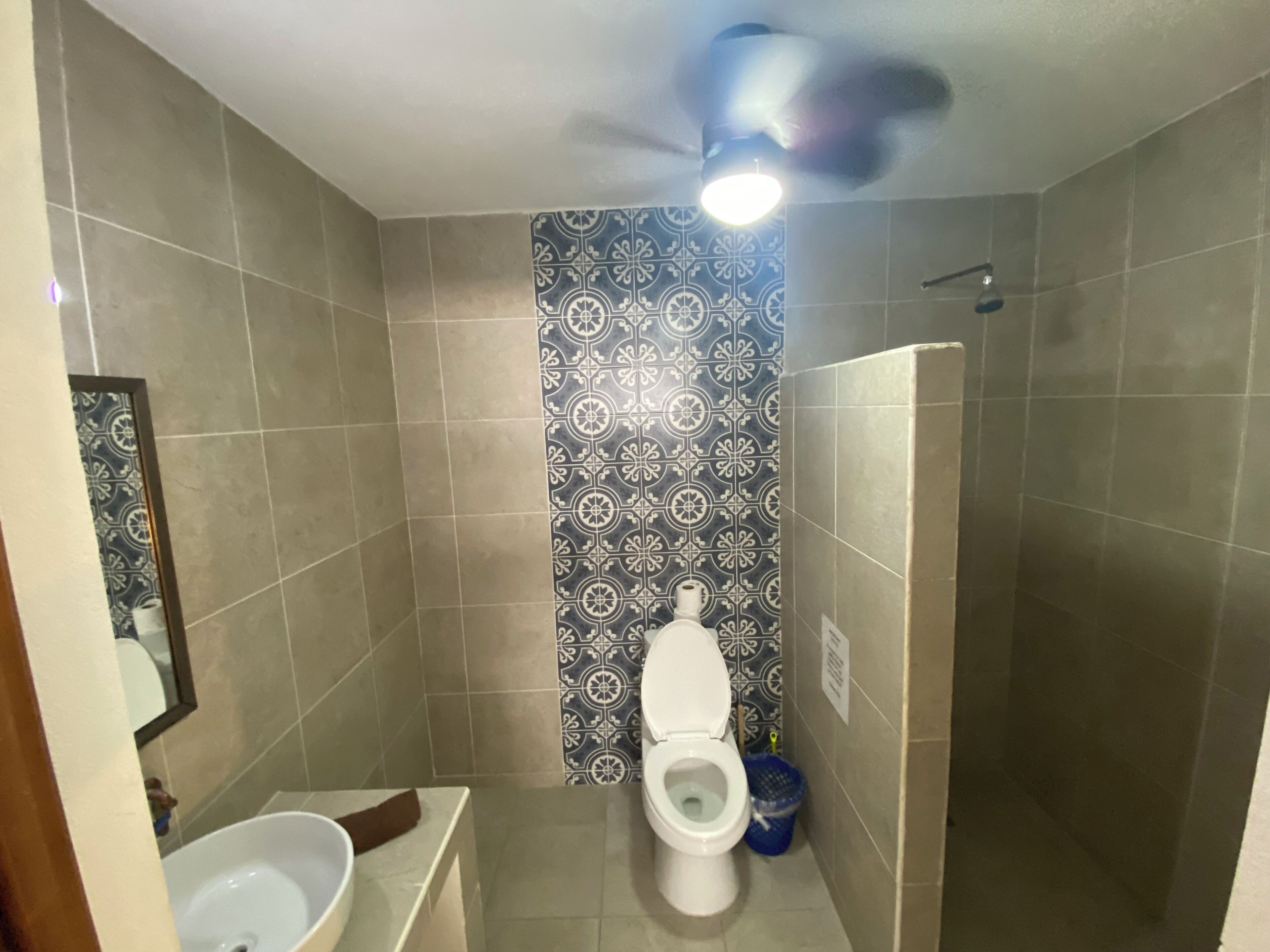 A bathroom with a toilet, a sink, and a shower.
