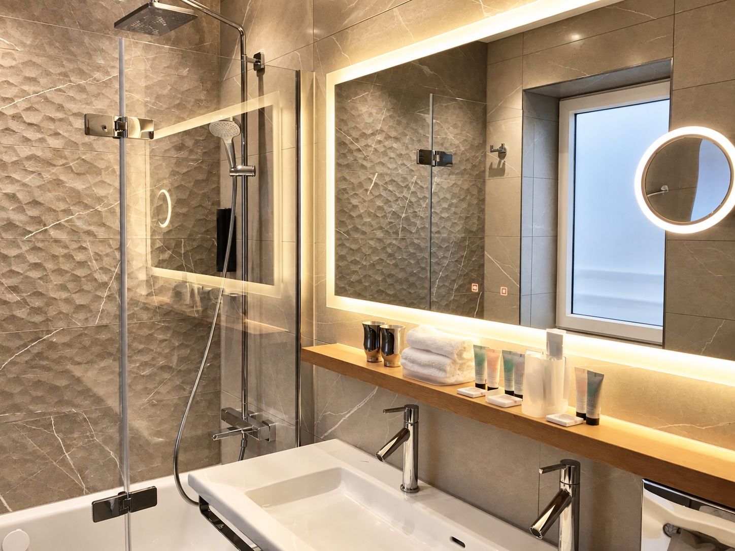 Un baño moderno con ducha envuelta en vidrio, un espejo grande con luz redonda y un tocador con artículos de aseo.