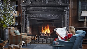 Een gezellige kamer met een open haard, een geruit fauteuil, een blauwe fauteuil en een kleine tafel met een hond.