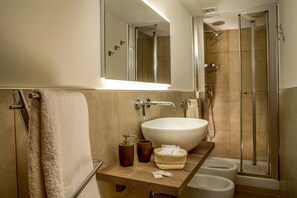 Shower, free toiletries, hair dryer, bidet