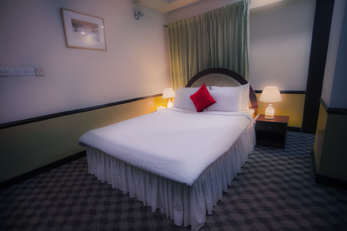 A neatly made bed with white bedding and a red pillow, two bedside lamps, a framed picture on the wall, and a checkered carpet.