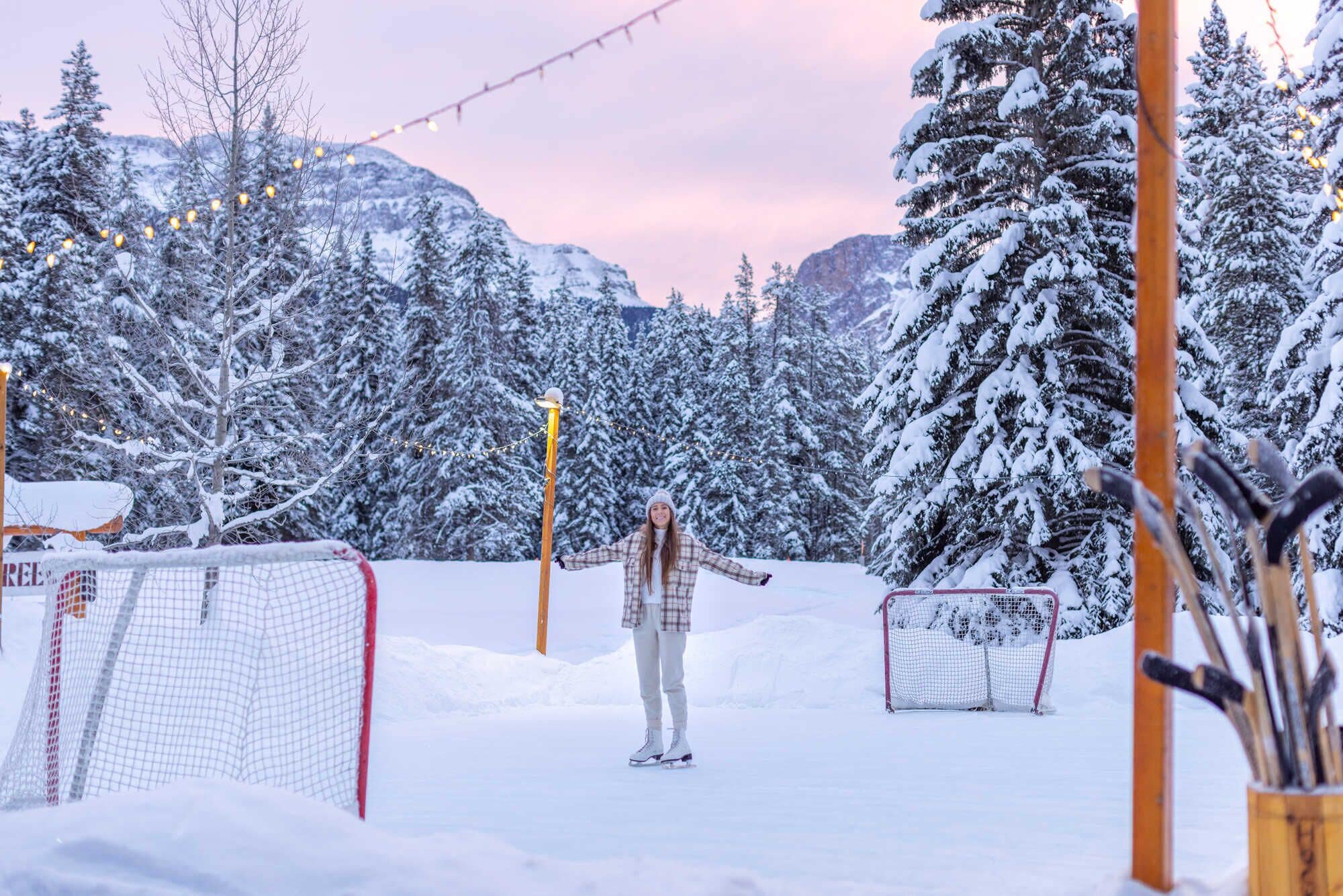 A snowy outdoor area with a netted goalpost, surrounded by snow-covered trees and mountains.