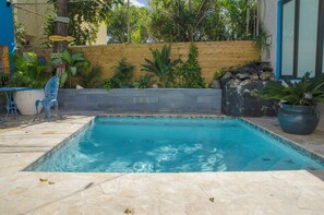 Outdoor pool, pool umbrellas, pool loungers
