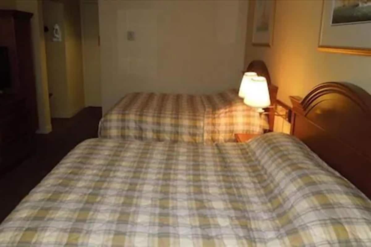Ein Zimmer mit zwei Betten, jeweils mit kariertem Überwurf, einer Nachttischlampe und einem Holz-Kopfstück.