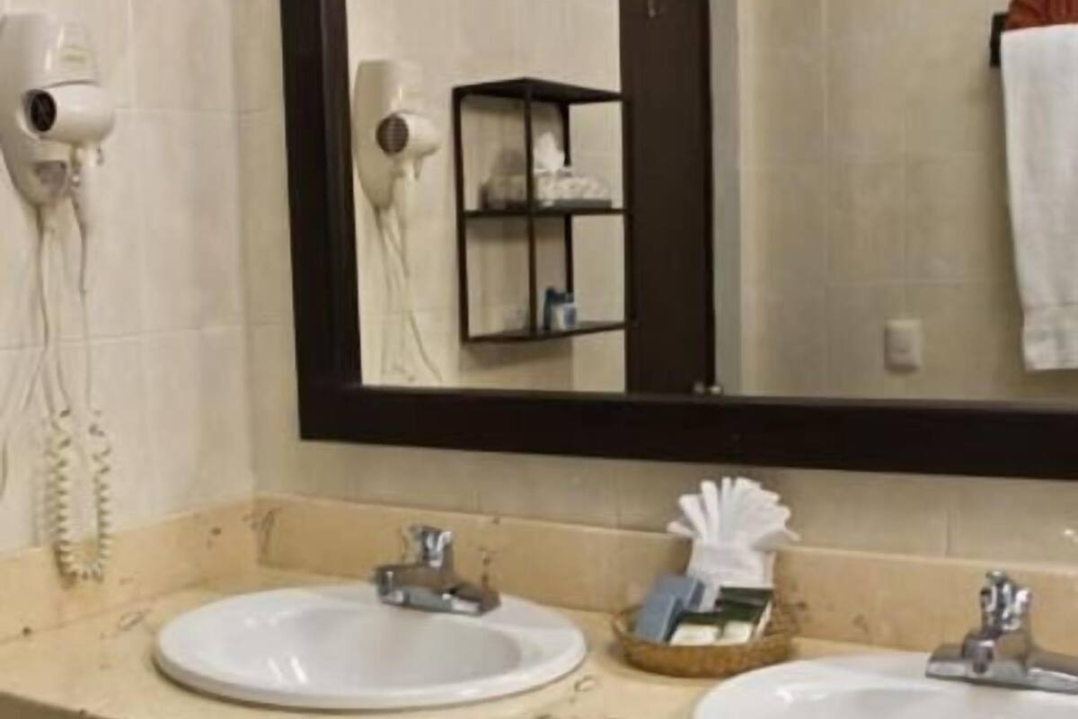 A bathroom with two sinks, a mirror, a towel rack, and a hairdryer.