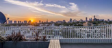 A rooftop terrace with a city skyline view, a white fence, and potted plants.