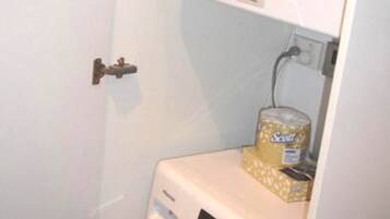 Ein kompakter Waschraum mit einer Waschmaschine mit Frontlader, einem Trockner und einer kleinen Ablage mit einer Rolle Scott Toilettenpapier.