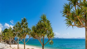 Una playa con palmeras, un edificio blanco y un cielo azul despejado.