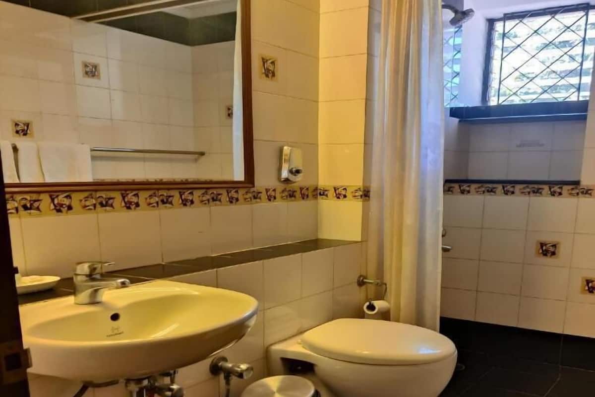 A bathroom with a sink, toilet, and a window with a view.