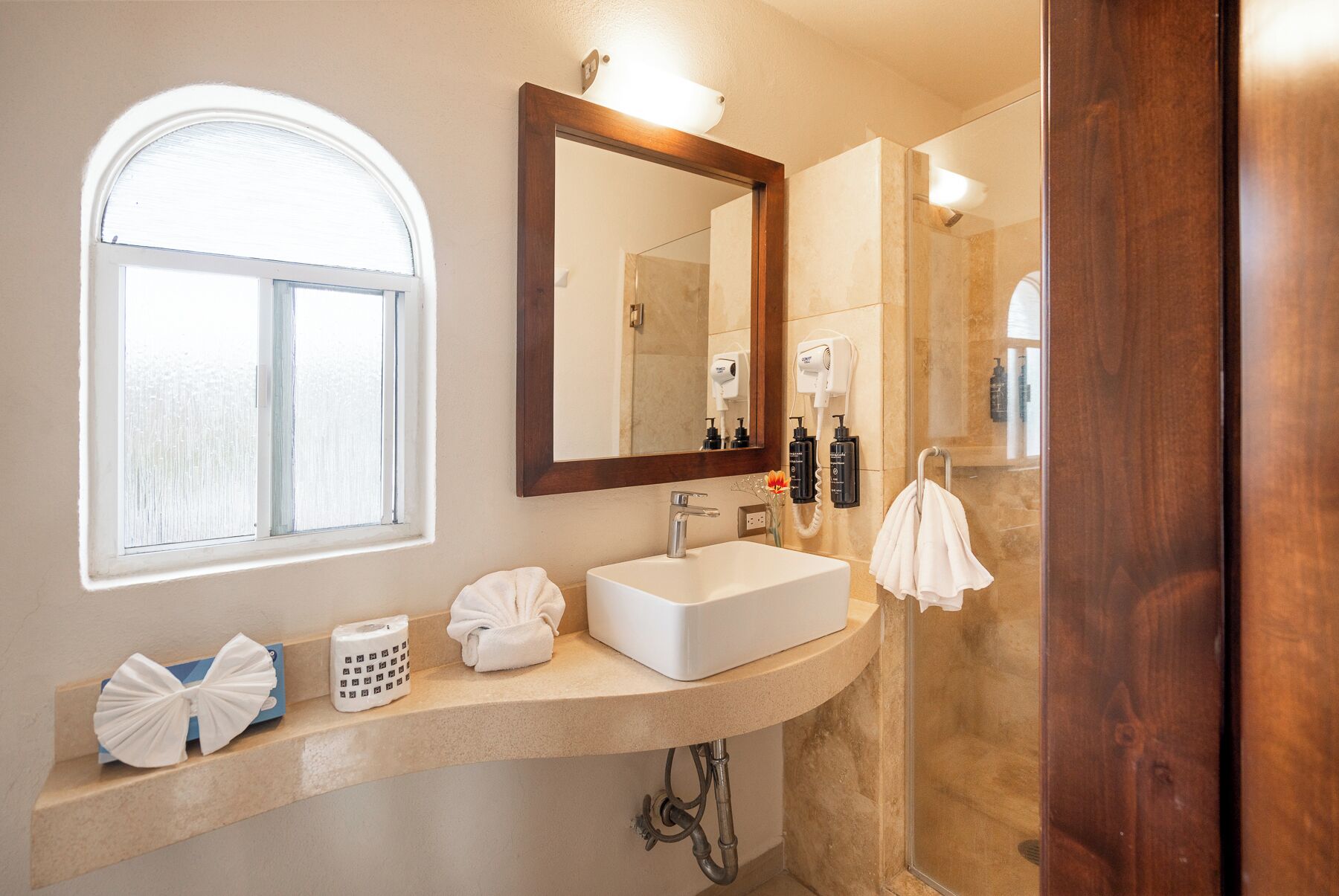 master suite | bathroom | shower, free toiletries, hair dryer, towels