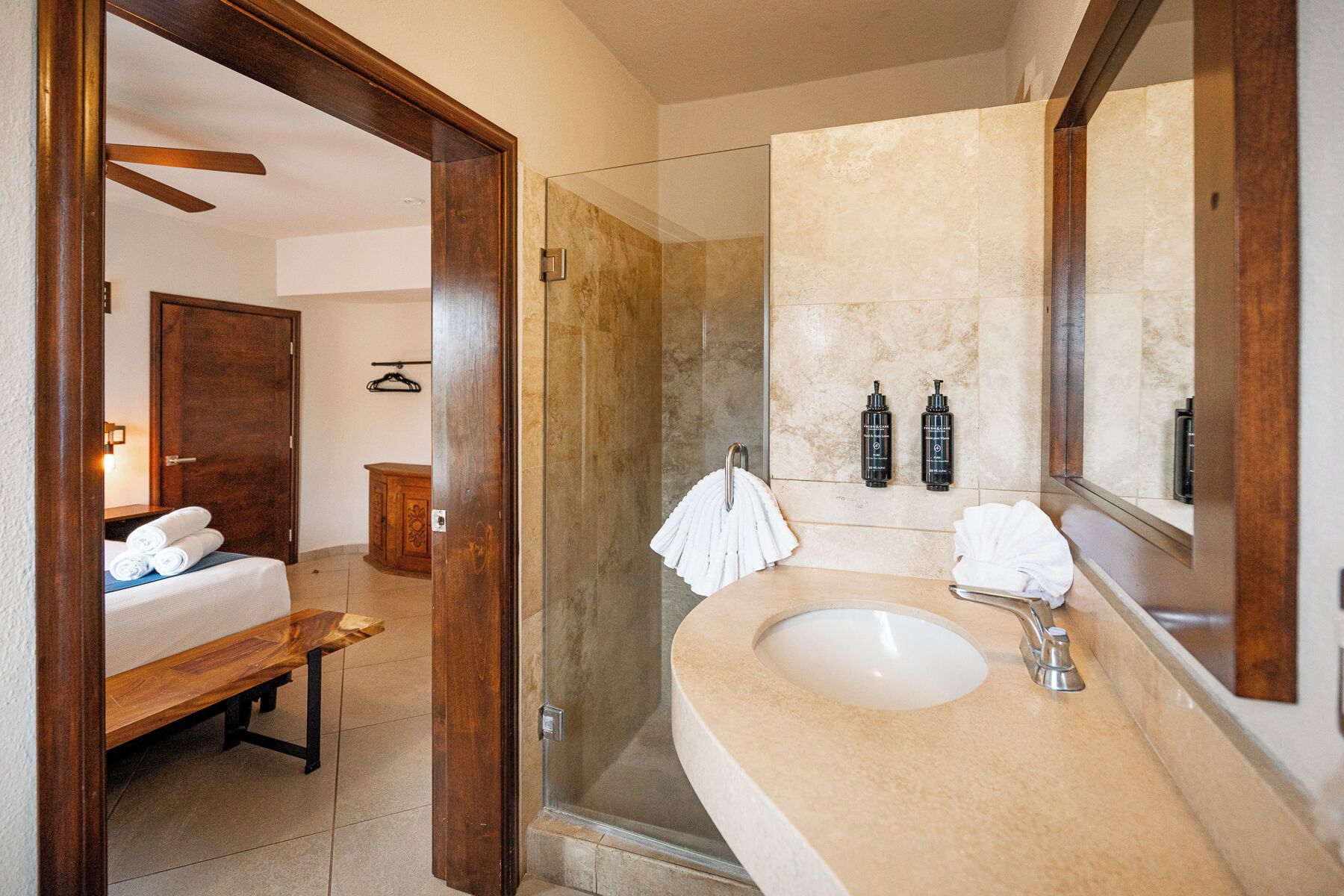 master suite | bathroom | shower, free toiletries, hair dryer, towels
