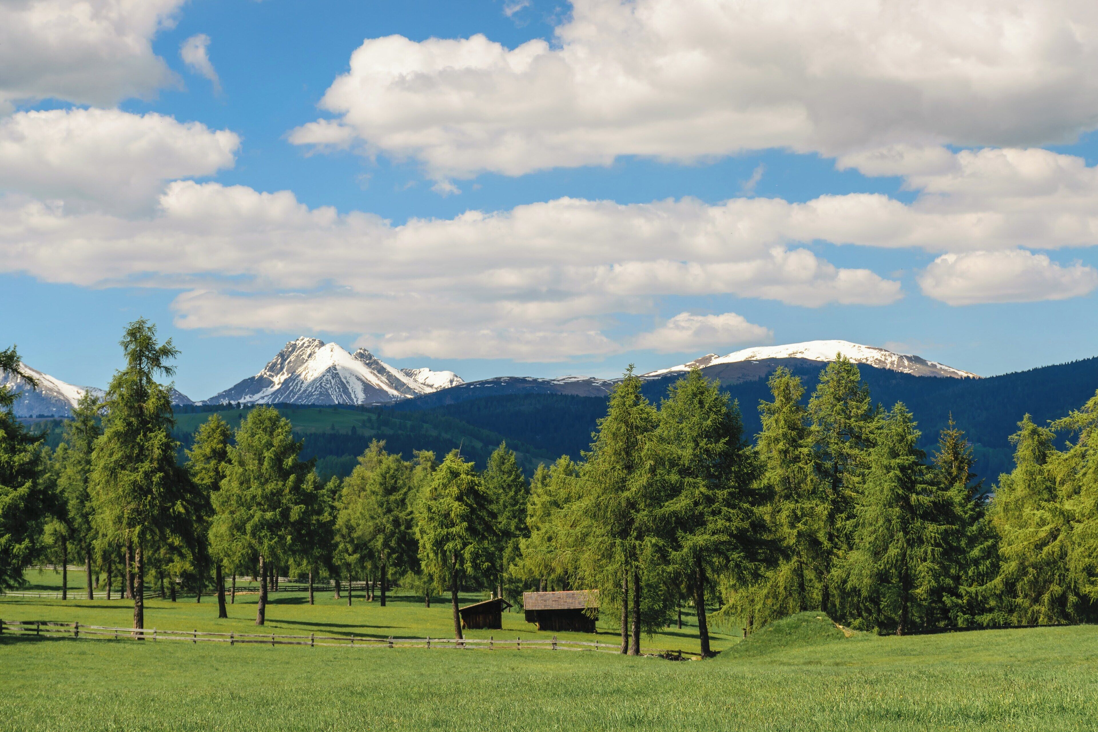 A mountainous landscape with a small cabin surrounded by trees.