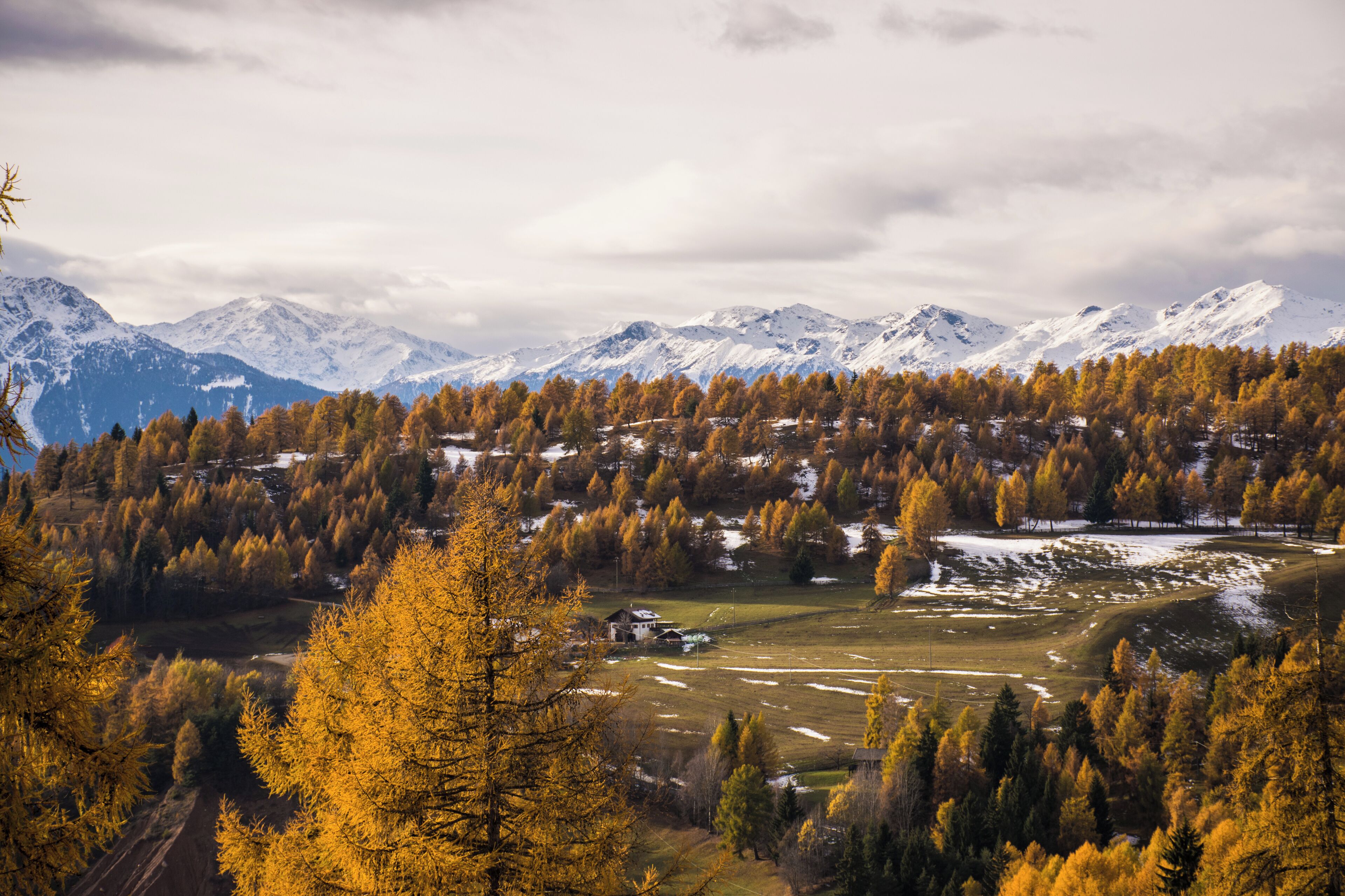 A mountainous landscape with snow-capped peaks, a forested valley, and a small building in the foreground.