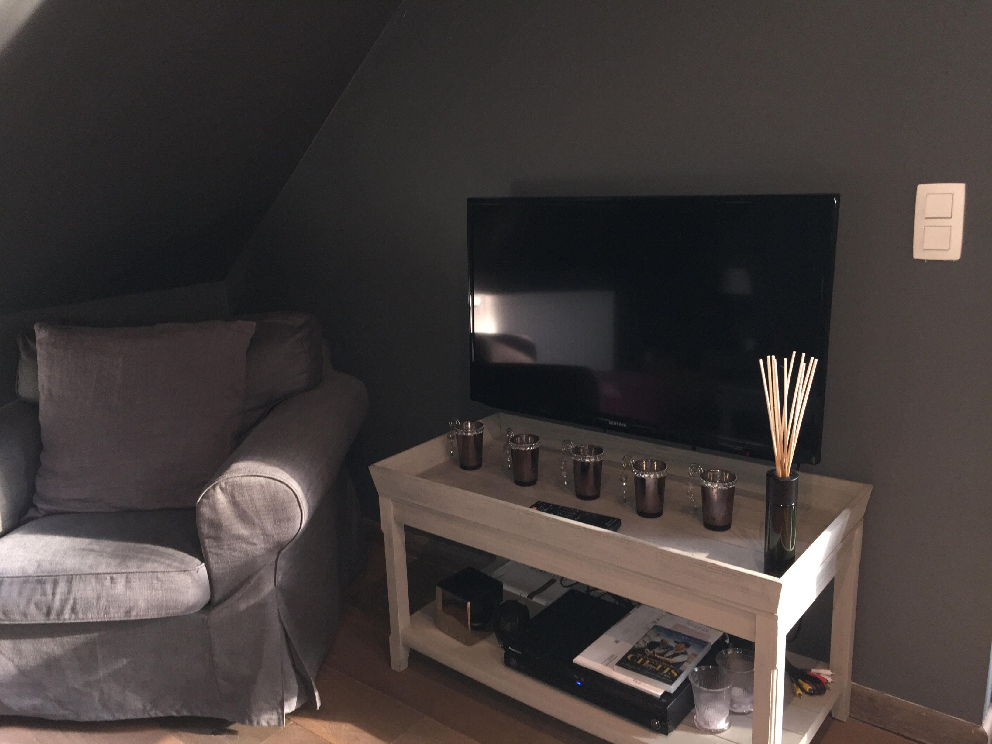 Un saló modern amb un sofà gris, un televisor de pantalla plana muntat sobre un suport blanc i una taula petita amb objectes decoratius.