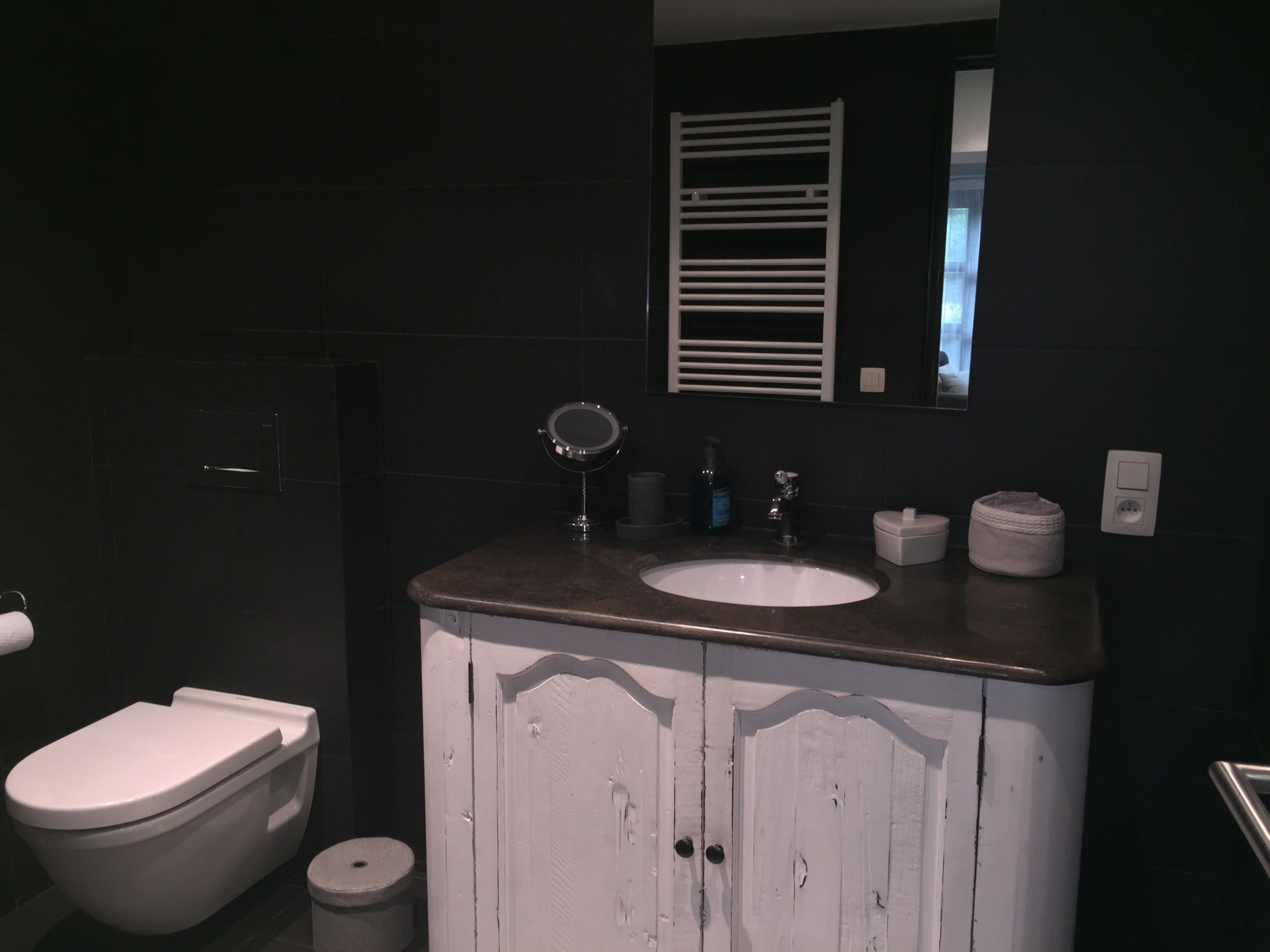 A bathroom with a white vanity, a toilet, and a bidet.