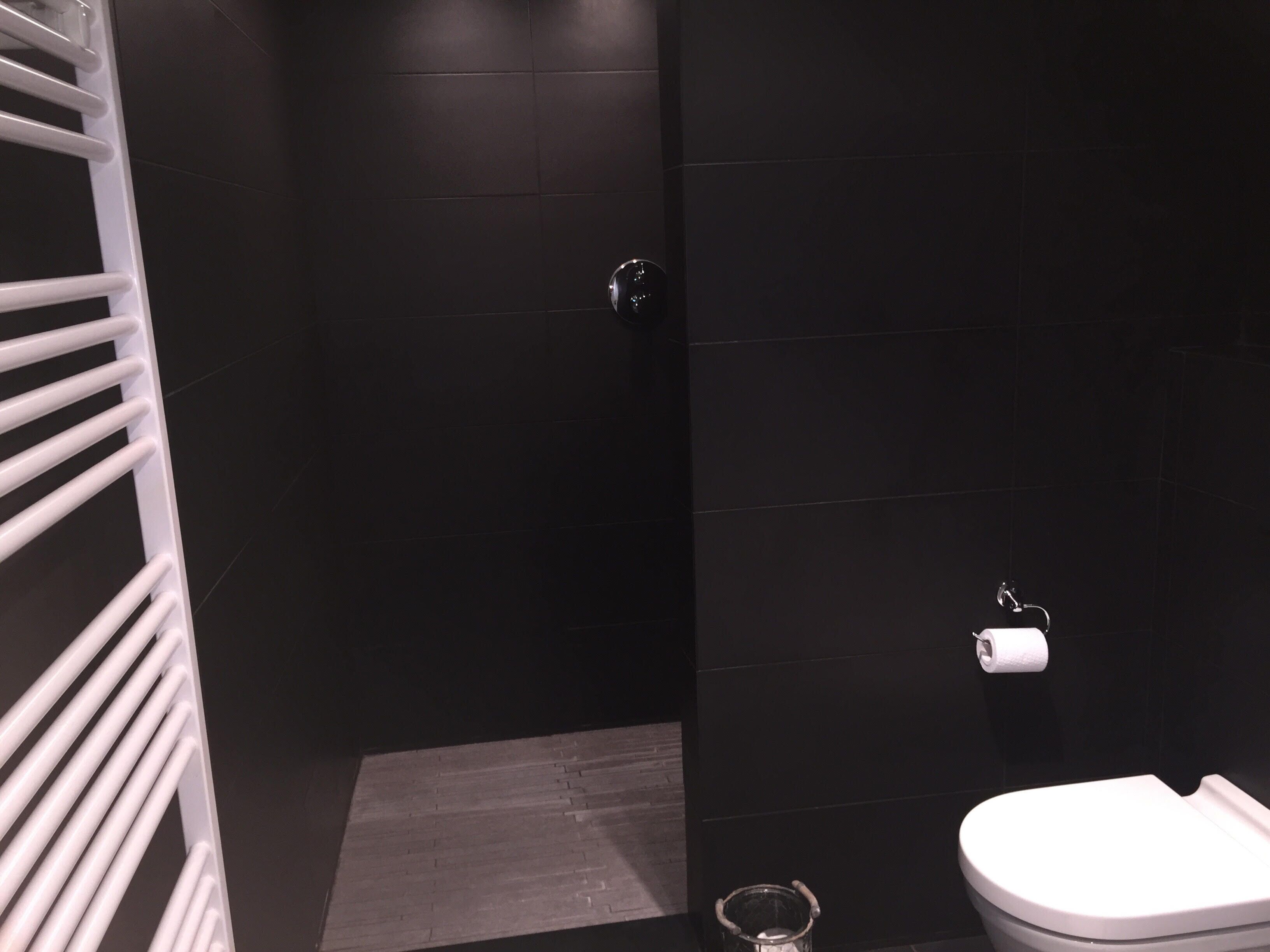 A modern bathroom with a white toilet, a glass shower enclosure, and a white towel rack.