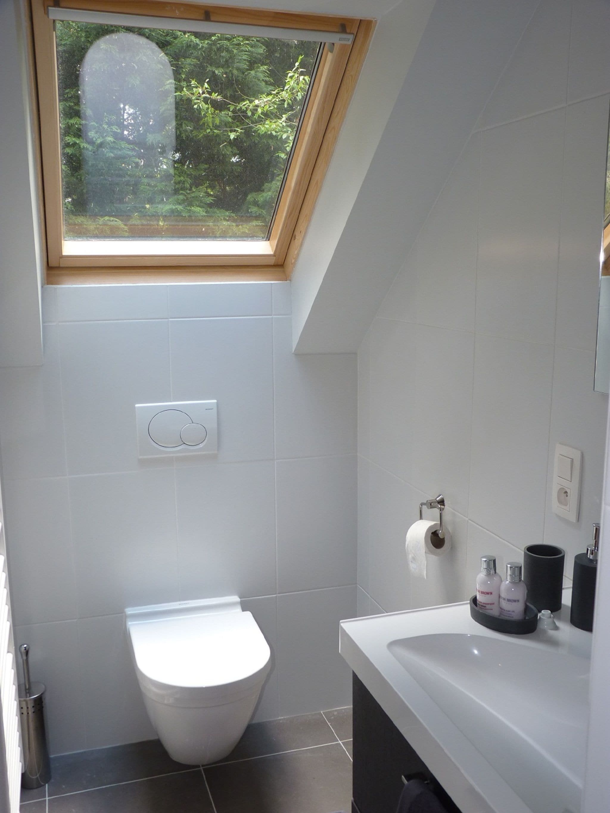 Un bagno moderno con una finestra a lucernario, un WC, un lavandino e articoli da toilette.