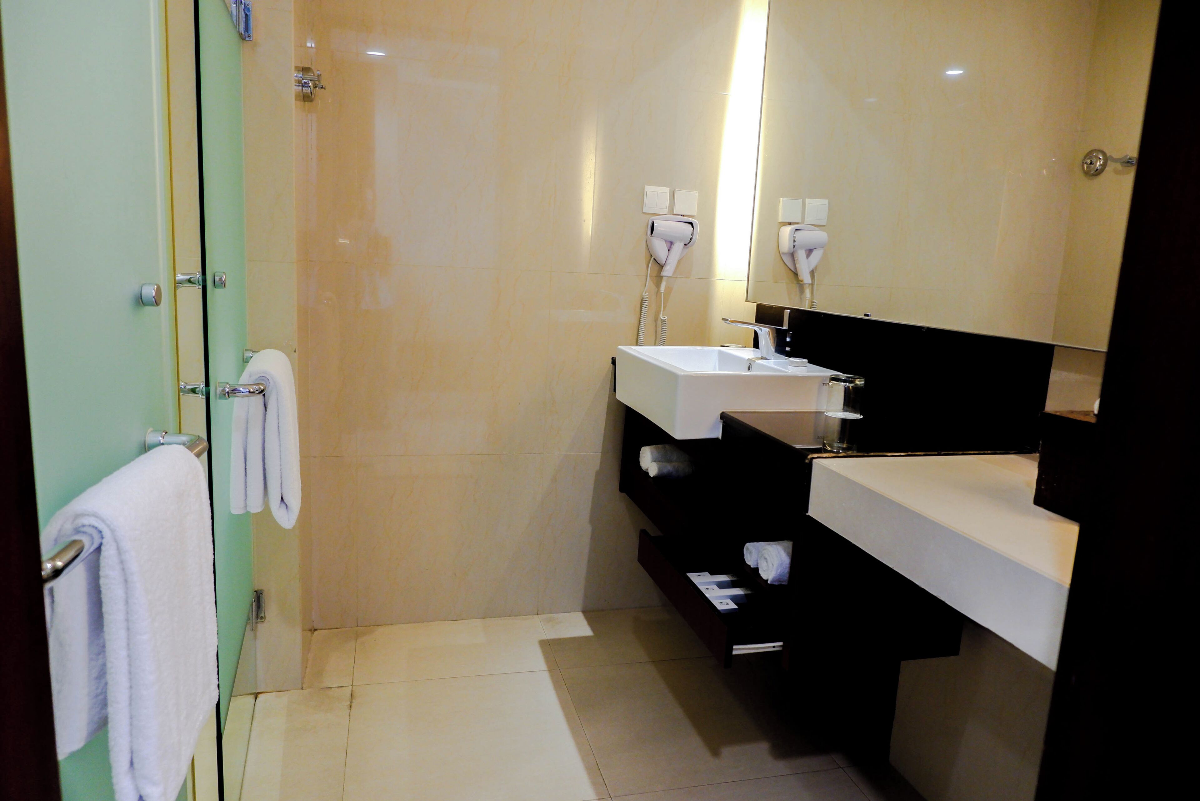 A modern bathroom with a glass shower door, a white sink, and a large mirror.