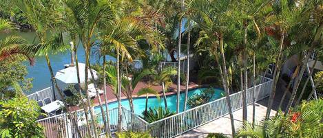 Outdoor pool, pool umbrellas, pool loungers