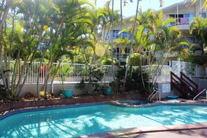 Outdoor pool, pool umbrellas, pool loungers