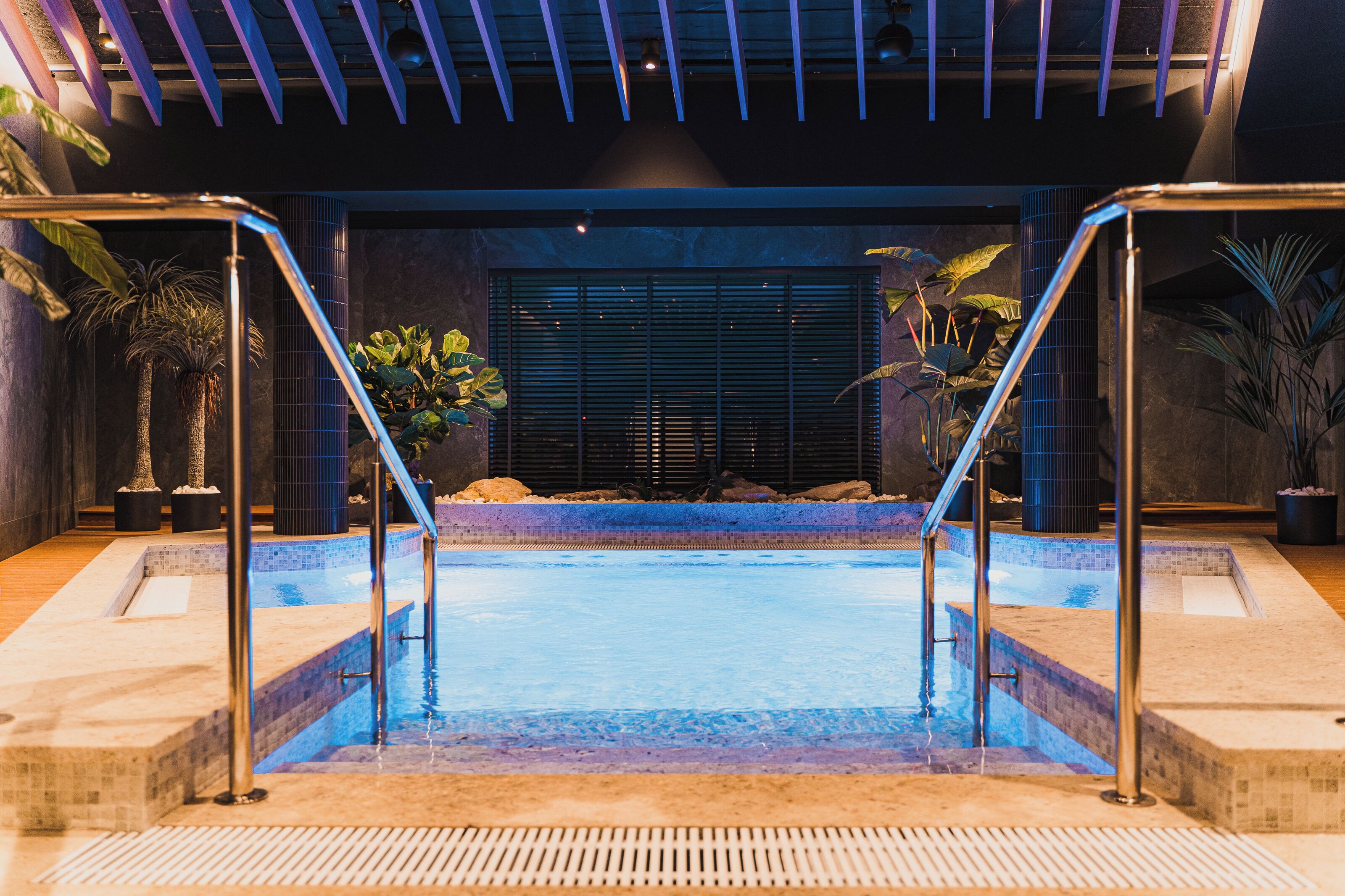 A pool area with a clear view of the water, a set of stairs leading to the pool, and surrounding potted plants.