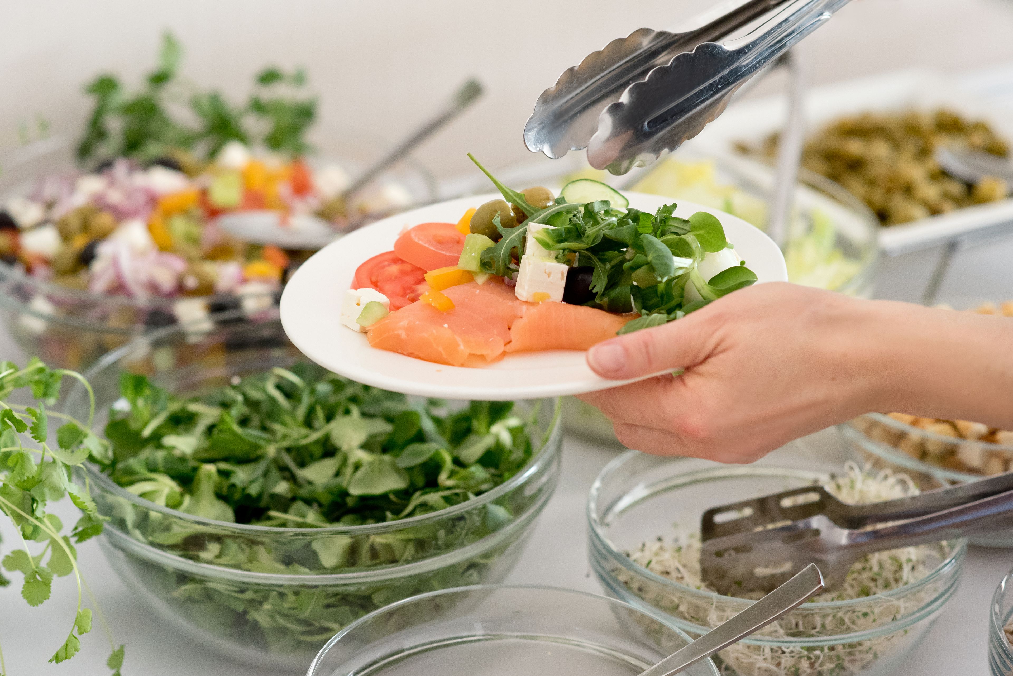 A buffet with various dishes including a plate of salmon, mixed vegetables, and salads.
