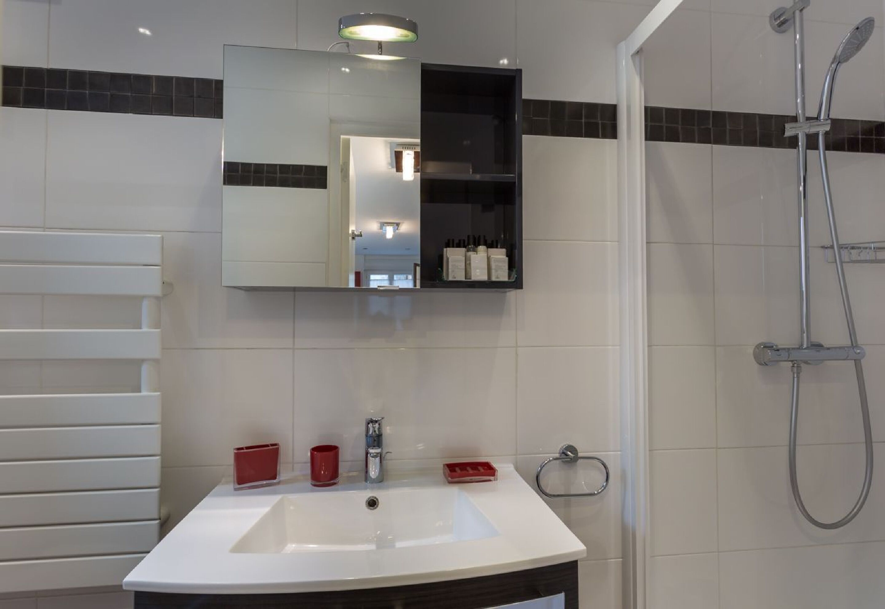 A modern bathroom with a white sink, a mirror, a shower, and a black medicine cabinet.