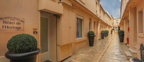 A narrow, paved alleyway with a row of buildings on either side, each with a door and windows. There are potted plants along the walkway.