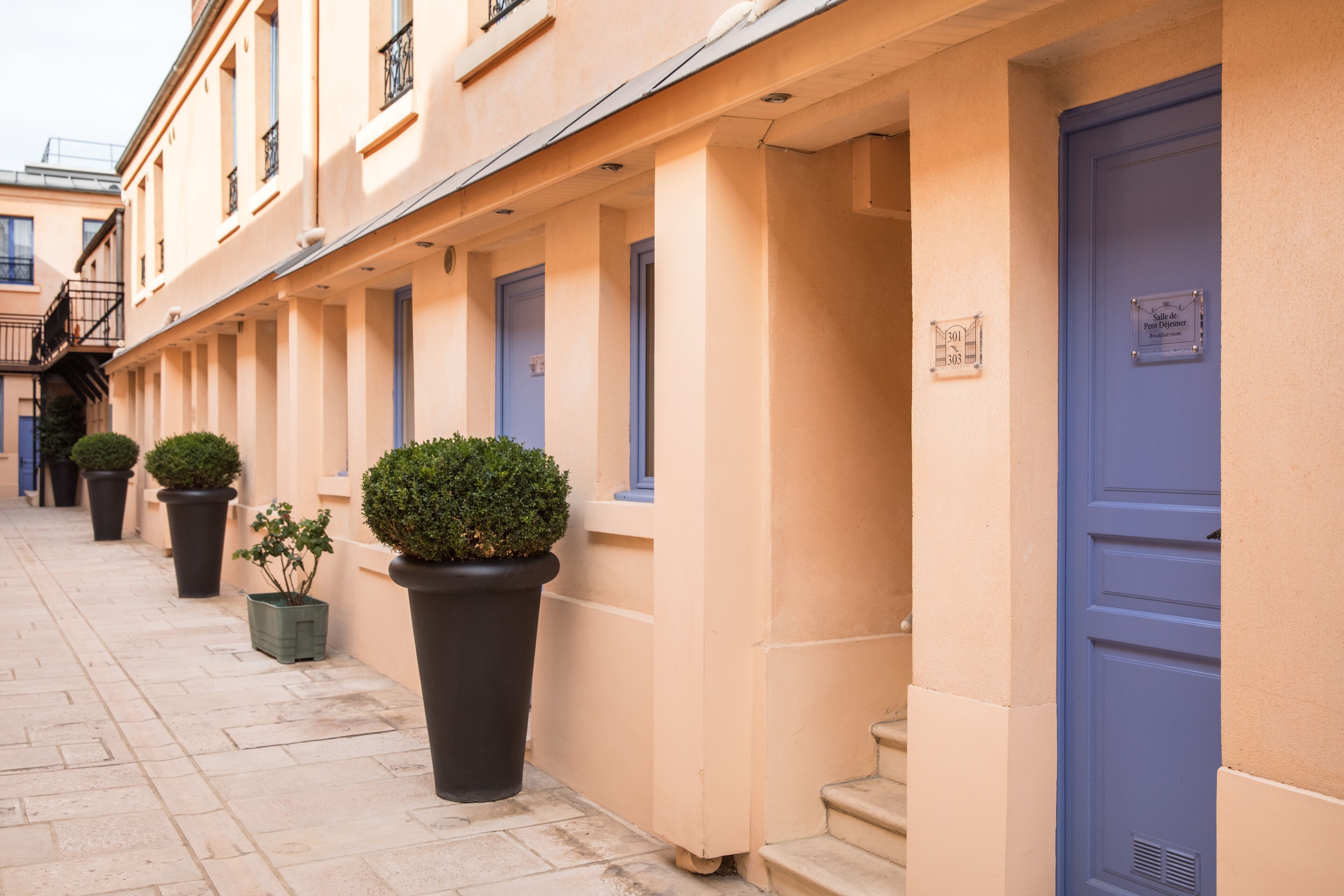 A row of hotel doors with blue frames, potted plants, and a sign indicating the hotel name.
