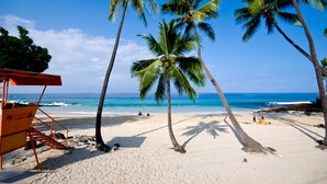 Una playa con palmeras, una torre de salvavidas y el océano.