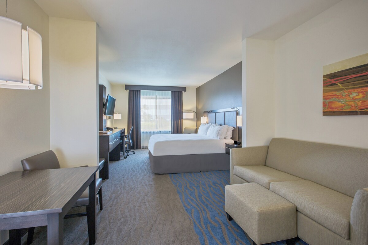 Habitación de hotel con cama, escritorio, silla, sofá y un cuadro en la pared.