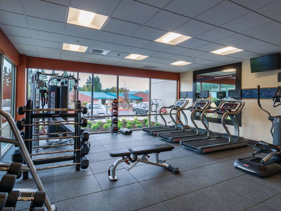 A gym with treadmills, weight machines, and a bench.