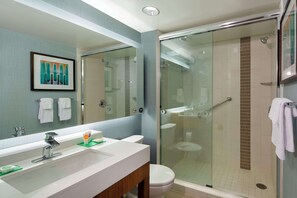 Designer toiletries, hair dryer, towels, soap