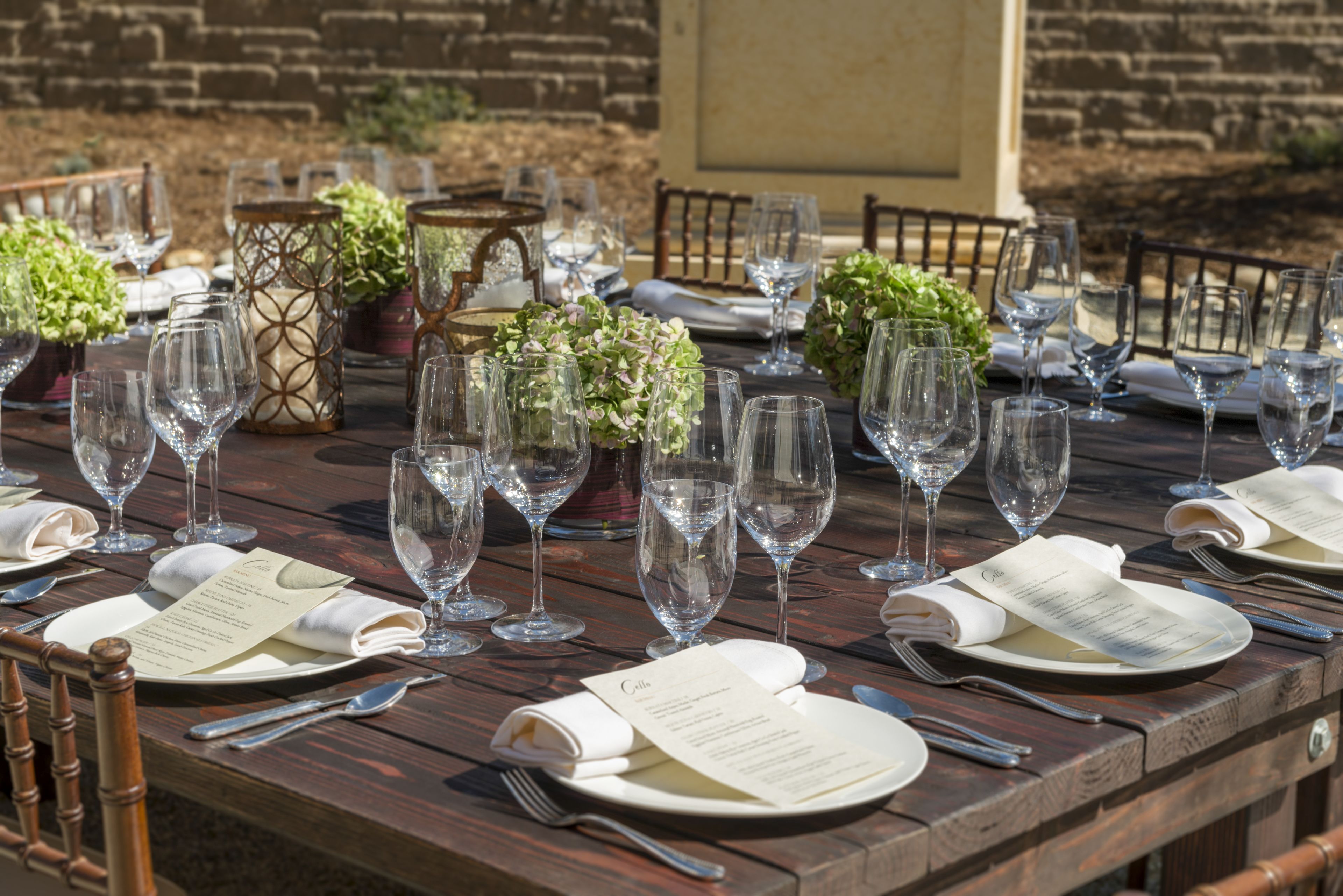A wooden dining table set with multiple wine glasses, plates, and cutlery, accompanied by menus and decorative greenery.