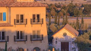 Un bâtiment doté d’un dôme bleu et d’un clocher, entouré de vignobles et d’un paysage rural.