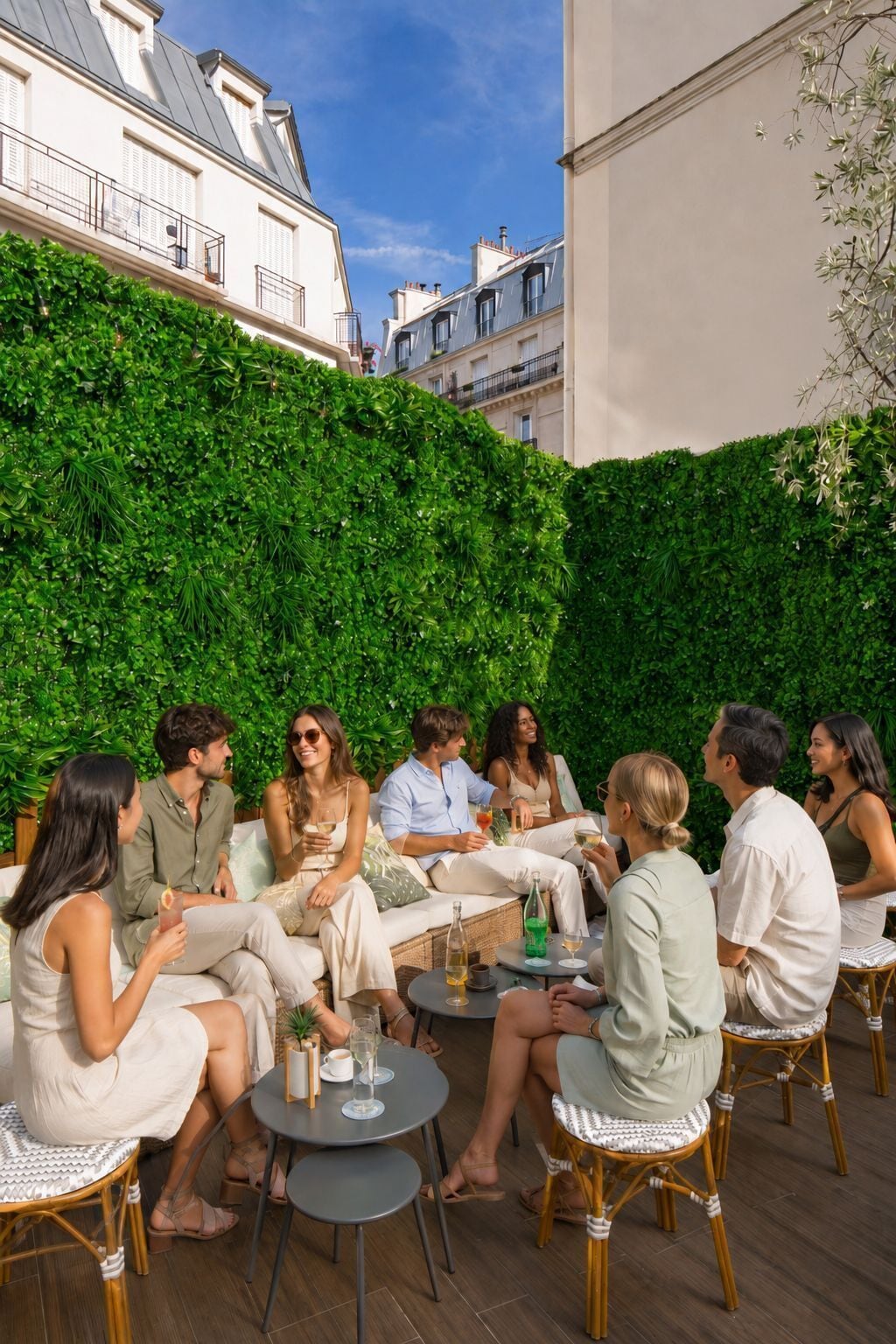 A group of people seated around a round table in an outdoor setting with a green hedge backdrop.