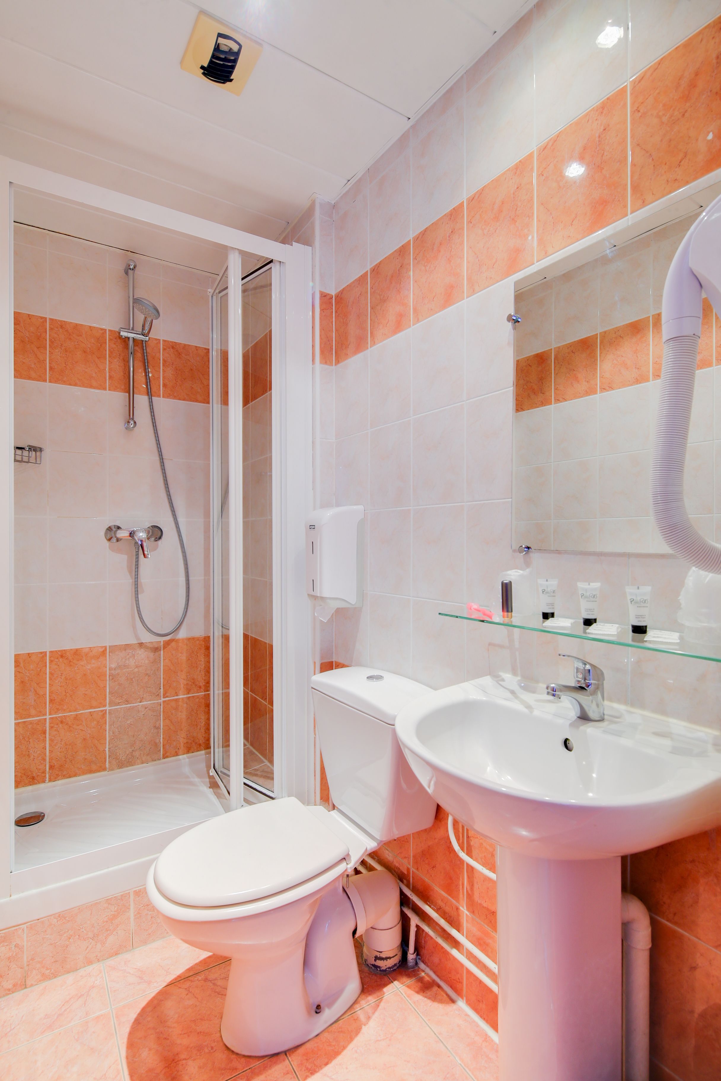 A modern bathroom with a glass shower enclosure, a white sink, and a toilet.
