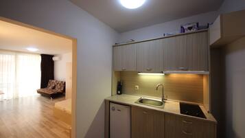 Classic Studio, Pool View | Private kitchenette | Fridge, stovetop, cookware/dishes/utensils