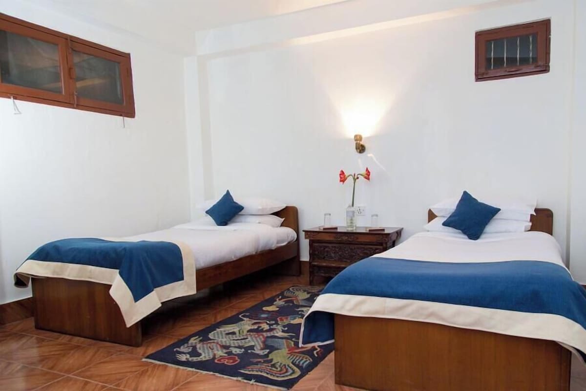 A room with two beds, a nightstand, a wall-mounted lamp, and a decorative rug.