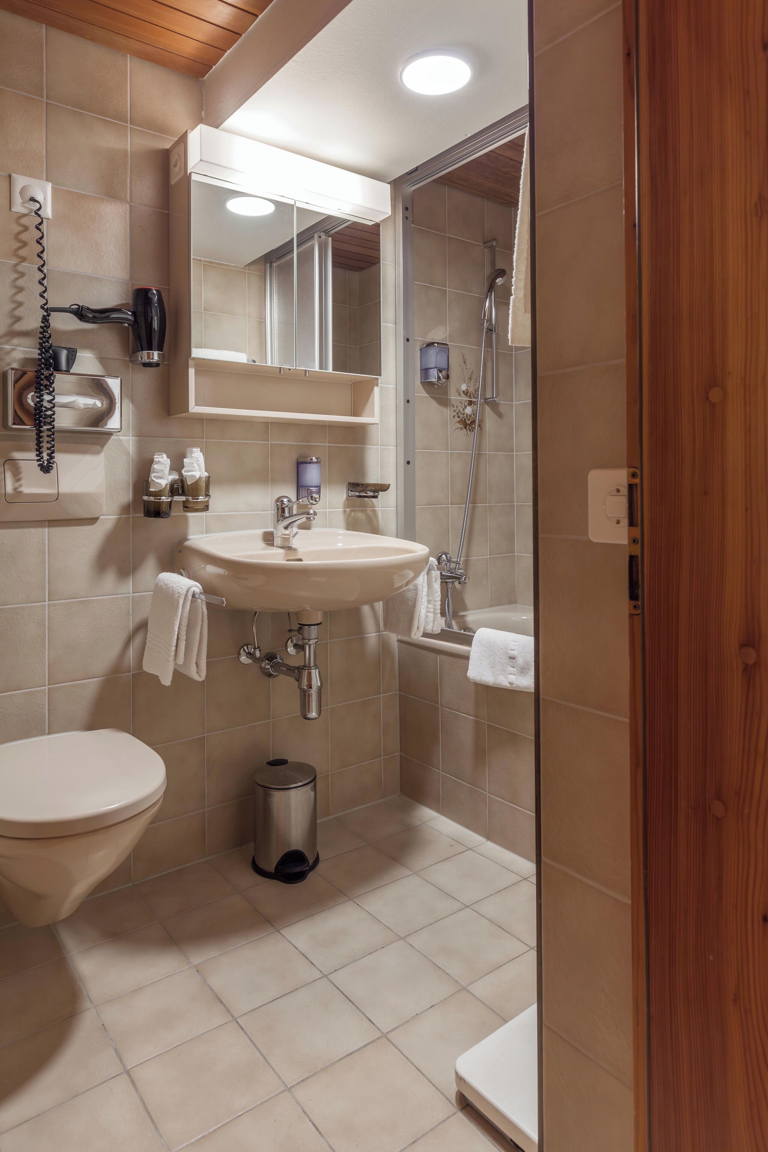 Un baño con inodoro, lavamanos y zona de ducha.