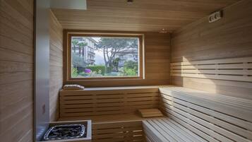 A sauna room with wooden benches, a window, and a sauna heater.