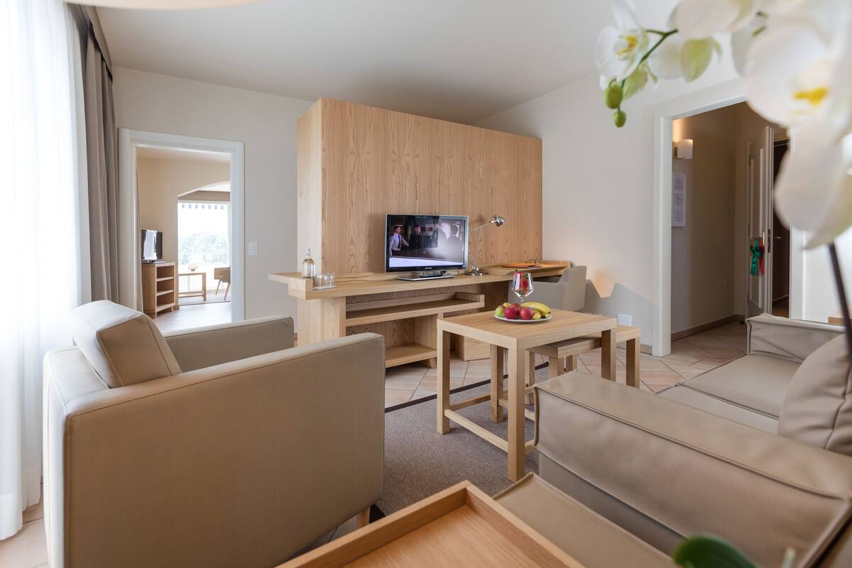 Un salon moderne avec un téléviseur, un canapé et une table basse.